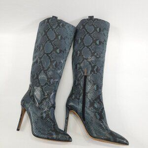 Vince Camuto Kervana Blue Leather Snake Print Boots Knee High Stiletto 8.5M/39